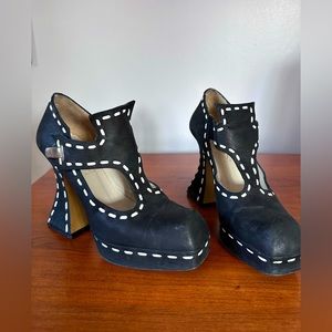 John Fluevog rare find, Munster 4 1/2” baroque platform heels, nubuck leather.